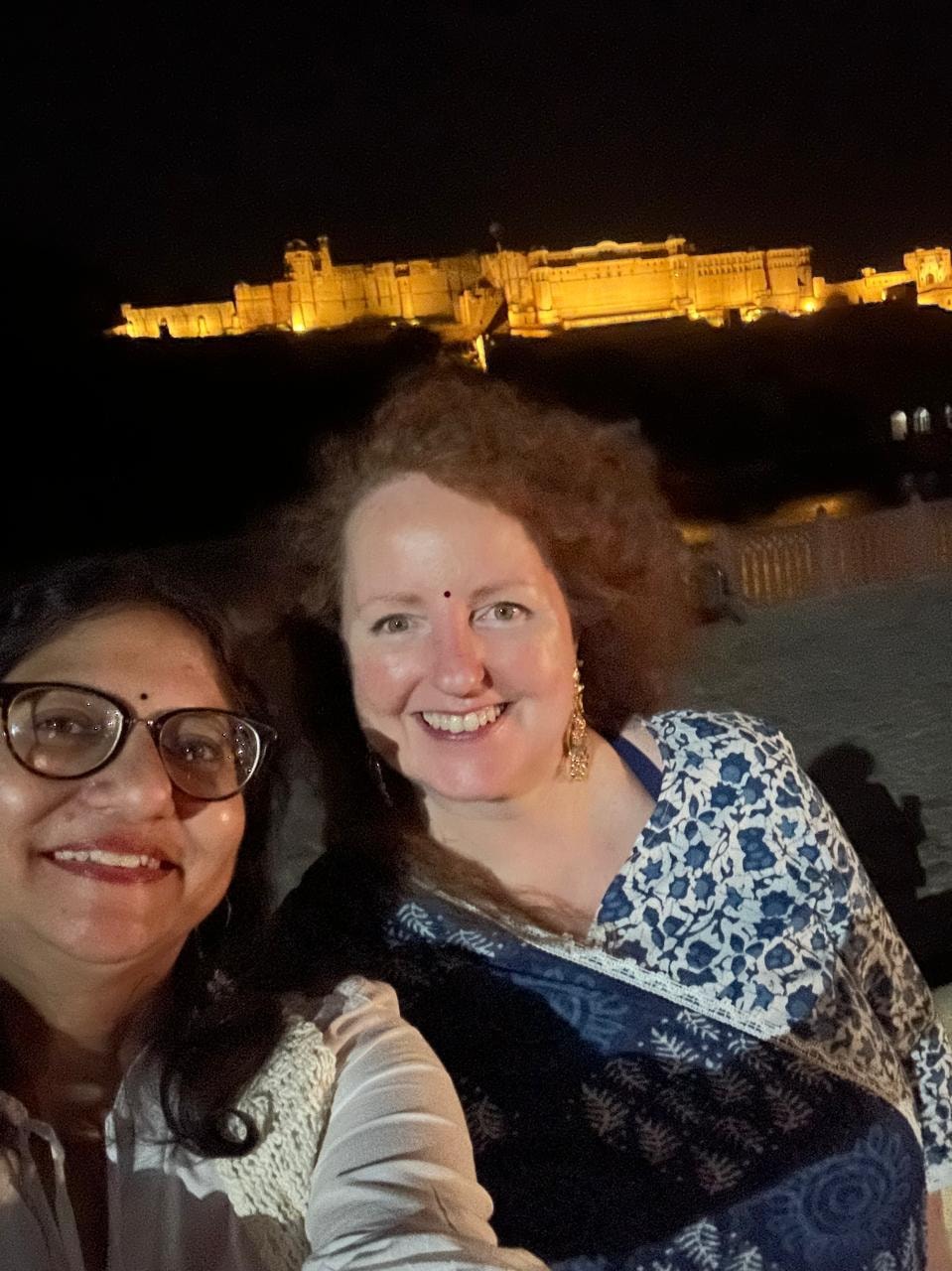 Jaipur by night — Amer Fort illuminated in gold